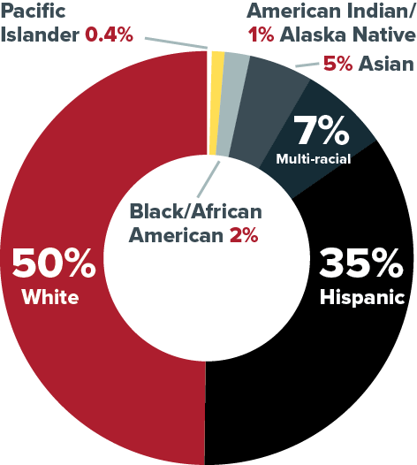 Pie chart: 50% White, 35% Hispanic, 7% Multi-racial, 5% Asian, 2% Black/African American, 1% American Indian/Native, 0.4% Pacific Islander