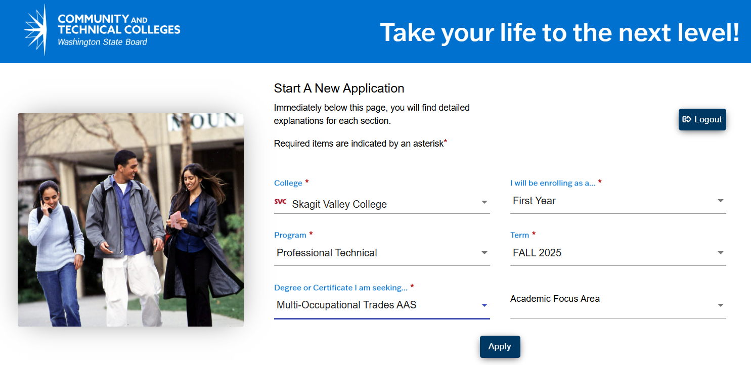 Screenshot of fields to select in the OAAP including: college (Skagit Valley), type of student (first year), program (profesional technical), term (next available term), degree (multi-occupational trades AAS).