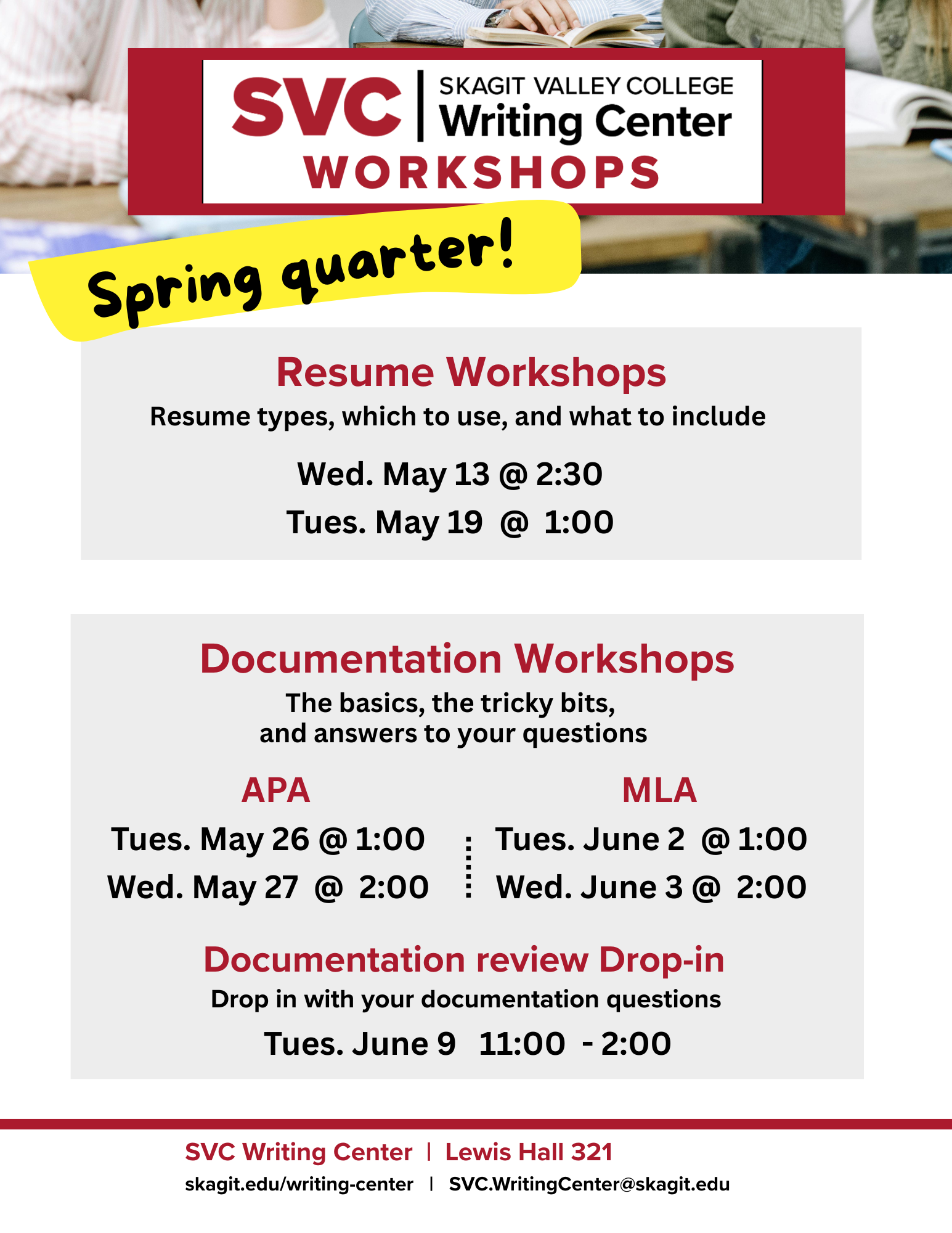 Flyer with Spring quarter workshops and dates